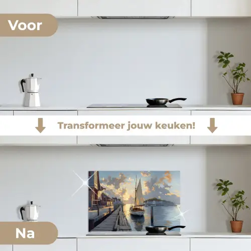 Zeilboot - Zon - Pier - Hout keuken achterwand spatscherm klein -voor_na_NL