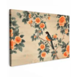 Vogel - Tak - Bloemen - Oranje Tuinposter op houten frame 2 cm dik klein -3d