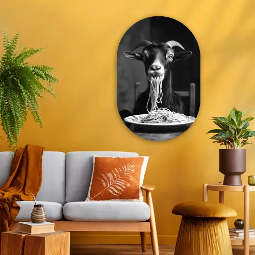 Geit - Bord - Spaghetti - Zwart Wit Wandcirkel Ovaal Glas middel -sfeer4