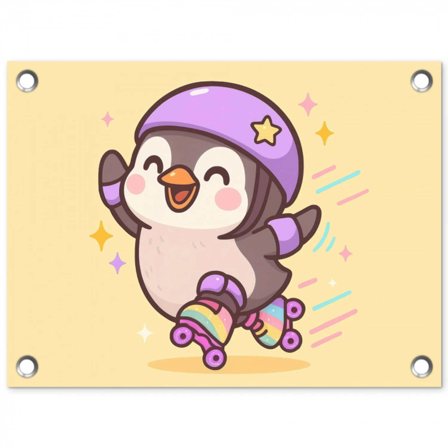 Pinguïn - Rolschaatsen - Geel - Energiek tuinposter los doek klein -3d