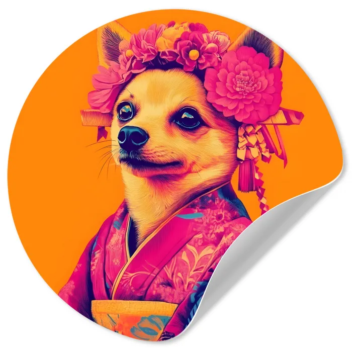 Kimono - Hondje - Bloemenkroon - Oranje Wandcirkel behangsticker klein -3d