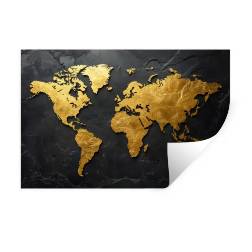 Wereldkaart - Goud - Steen Muursticker klein -3d