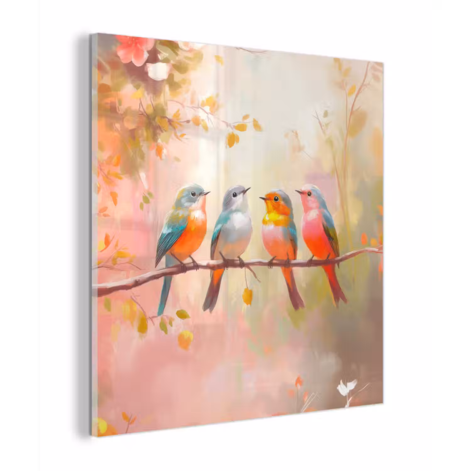 Glas schilderij - Vogels - Kleurrijk - Tak