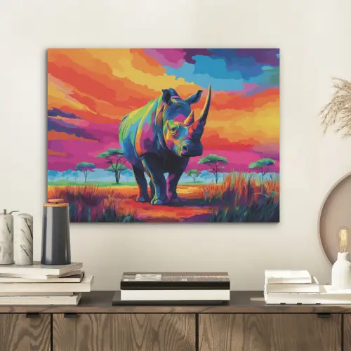 Neushoorn - Zonsondergang - Savanna - Kleurrijk PET vilt klein -sfeer1