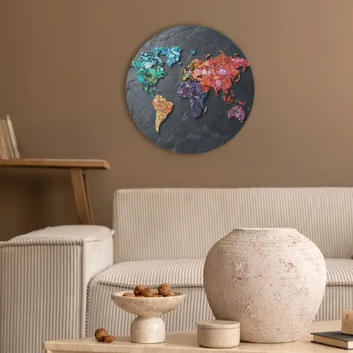 Wereldkaart - Edelstenen - Regenboog - Ruw Akoestische PET Vilt - Rond klein -sfeer1