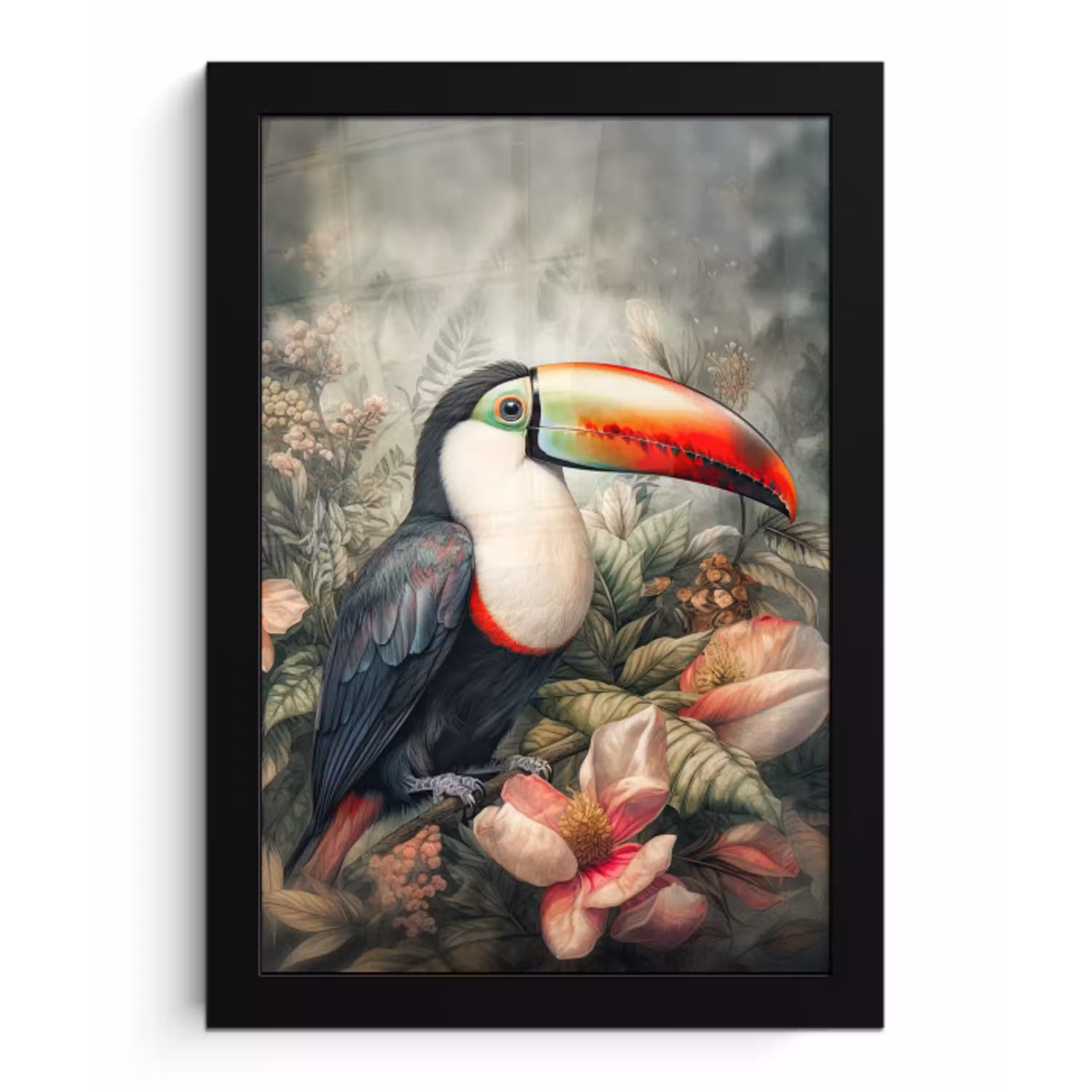 Toekan - Vogels - Bloemen - Planten - Tropisch fotolijst zwart zonder passe partout klein -3d