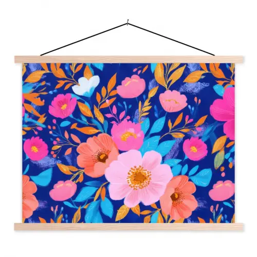 Bloemen - Blauw - Roze textielposter latten blank klein -3d