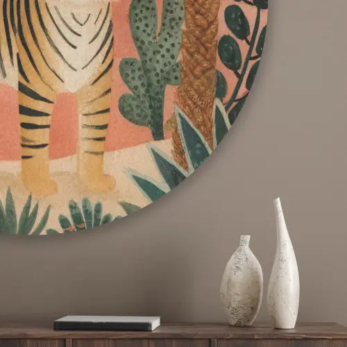 Tijger - Kleurrijk - Palmen - Cactus Akoestische PET Vilt - Rond klein -sfeer5_closeup