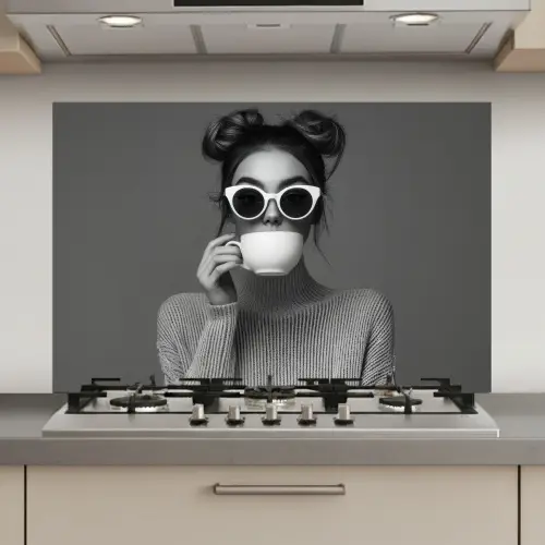 Vrouw - Koffie - Zwart - Wit keuken achterwand spatscherm klein -3d_website