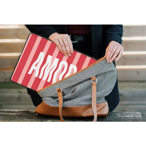 Amor - Strepen - Rood - Roze laptophoes neopreen klein -tas