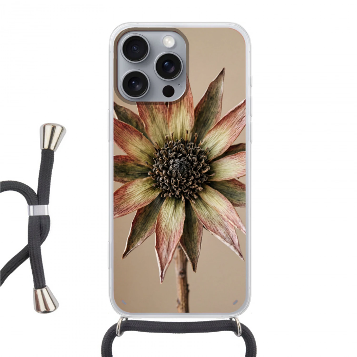Droogbloem - Protea - Vintage - Beige - Rustiek Hoesje iPhone 16 Pro Max met koord klein -3d