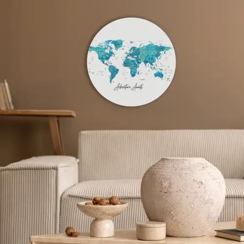 Wereldkaart - Blauw - Kleurrijk Akoestische PET Vilt - Rond klein -sfeer1