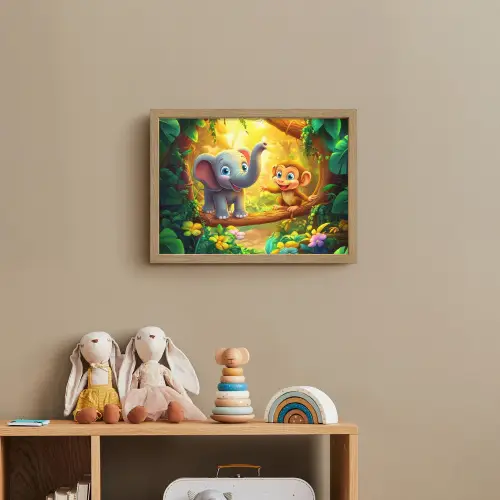 Olifant - Appje - Jungle - Kleurrijk Light Box met batterij (Wandlamp kind) middel -sfeer2_kind