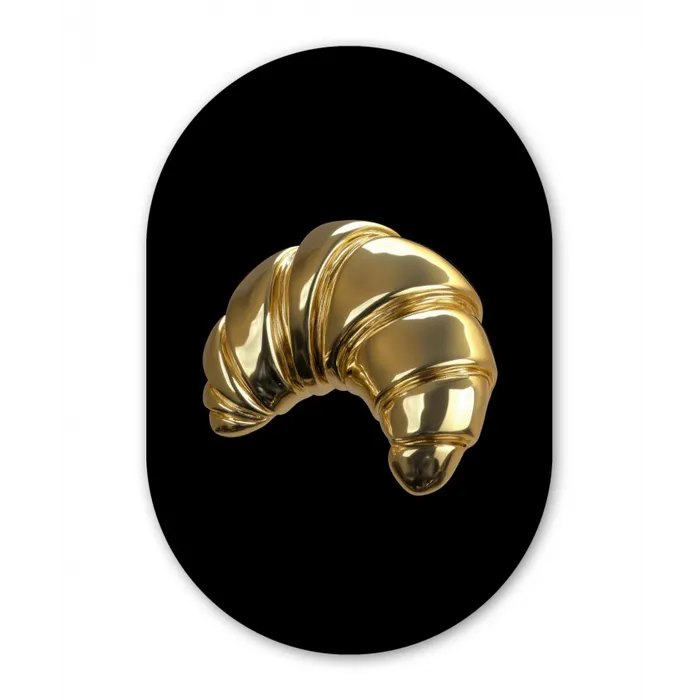 Croissant - Brood - Goud - Zwart Wandcirkel Ovaal Glas middel -3d