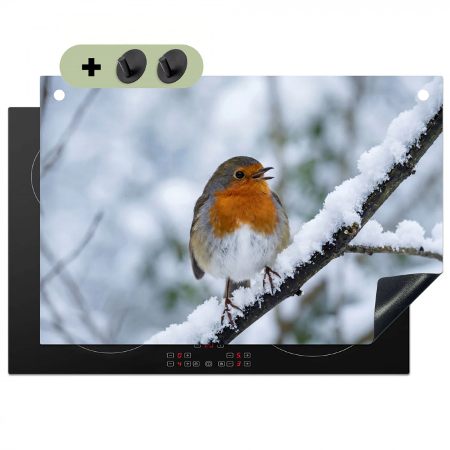 Roodborstje - Tak - Sneeuw - Winter - Levendig Inductie beschemer met haakjes klein -3d