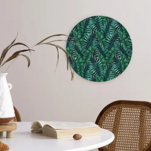 Palmbladeren - Blauw - Tint - Zwart Wandcirkel kunststof plaat 5mm dik klein 188 -sfeer4