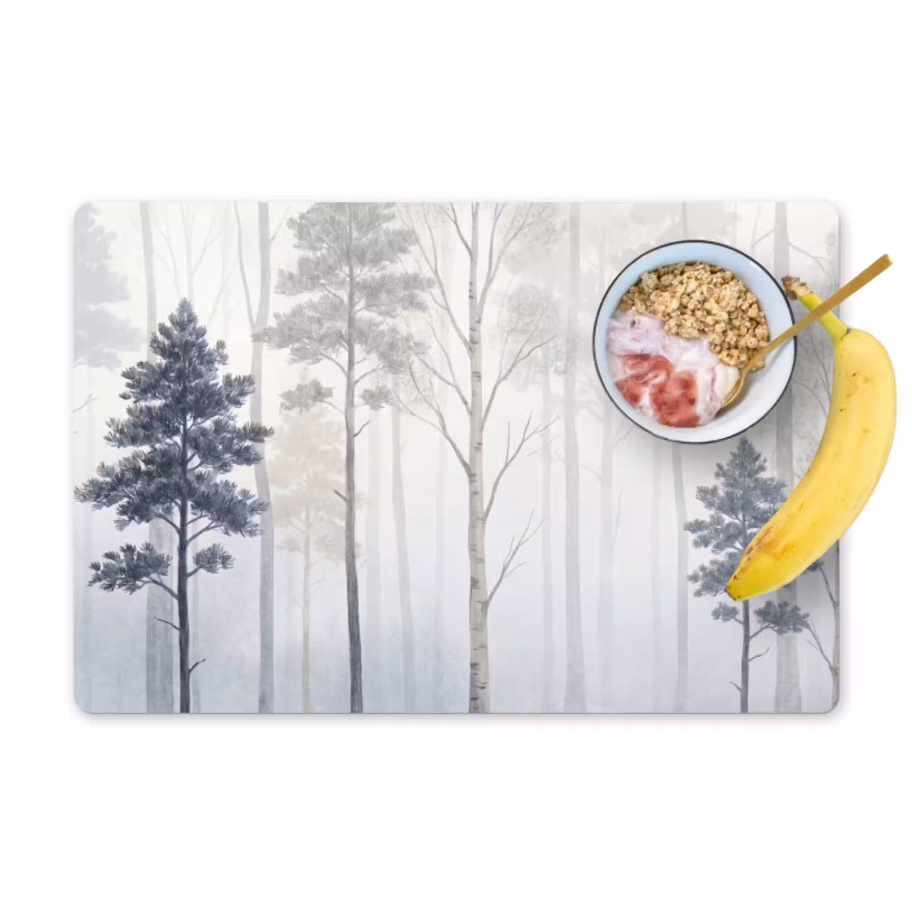 Bos - Bomen - Mist - Natuur - Illustratie - Grijs Placemat vinyl groot -zzzproduct_Kitchenyeah-website