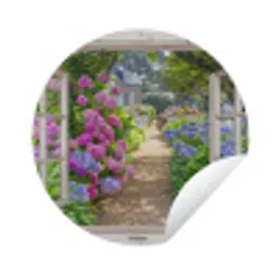 Hortensia - Doorkijk - Bloemen - Zomer - Paars - Pad Wandcirkel tuinposter met ringen klein -3d