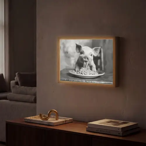 Varken - Schattig - Spaghetti - Zwart wit - Dier Light Box met batterij (Wandlamp) middel -sfeer1