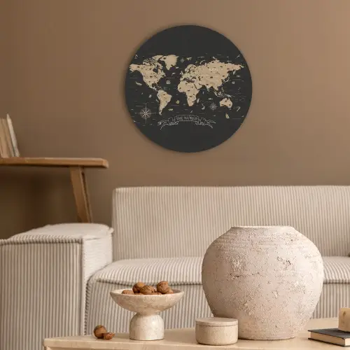 Wereldkaart - Beige - Zwart Akoestische PET Vilt - Rond klein -sfeer1