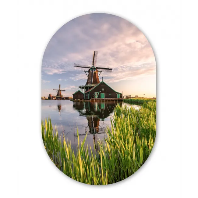 Windmolens langs het water Wandcirkel Ovaal Forex klein -3d
