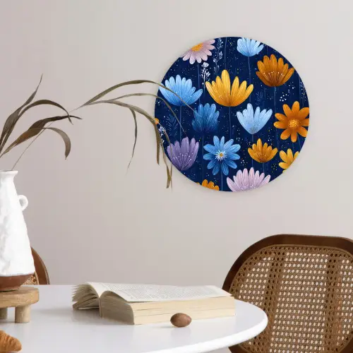 Bloemen - Patroon - Blauw - Contrast Wandcirkel kunststof plaat 5mm dik klein -sfeer4