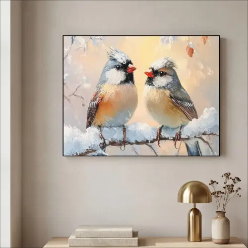 Vogels - Tak - Winter - Sneeuw Textielframe zwart klein -sfeer2