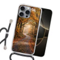 Bospad - Herfstbos - Bladeren - Oranje - Nostalgisch Hoesje iPhone 16 Pro Max met koord klein -sfeer1