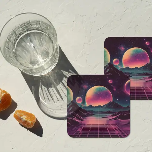 Landschap - Planeten - Horizon - Paars onderzetter kurk middel -sfeer4