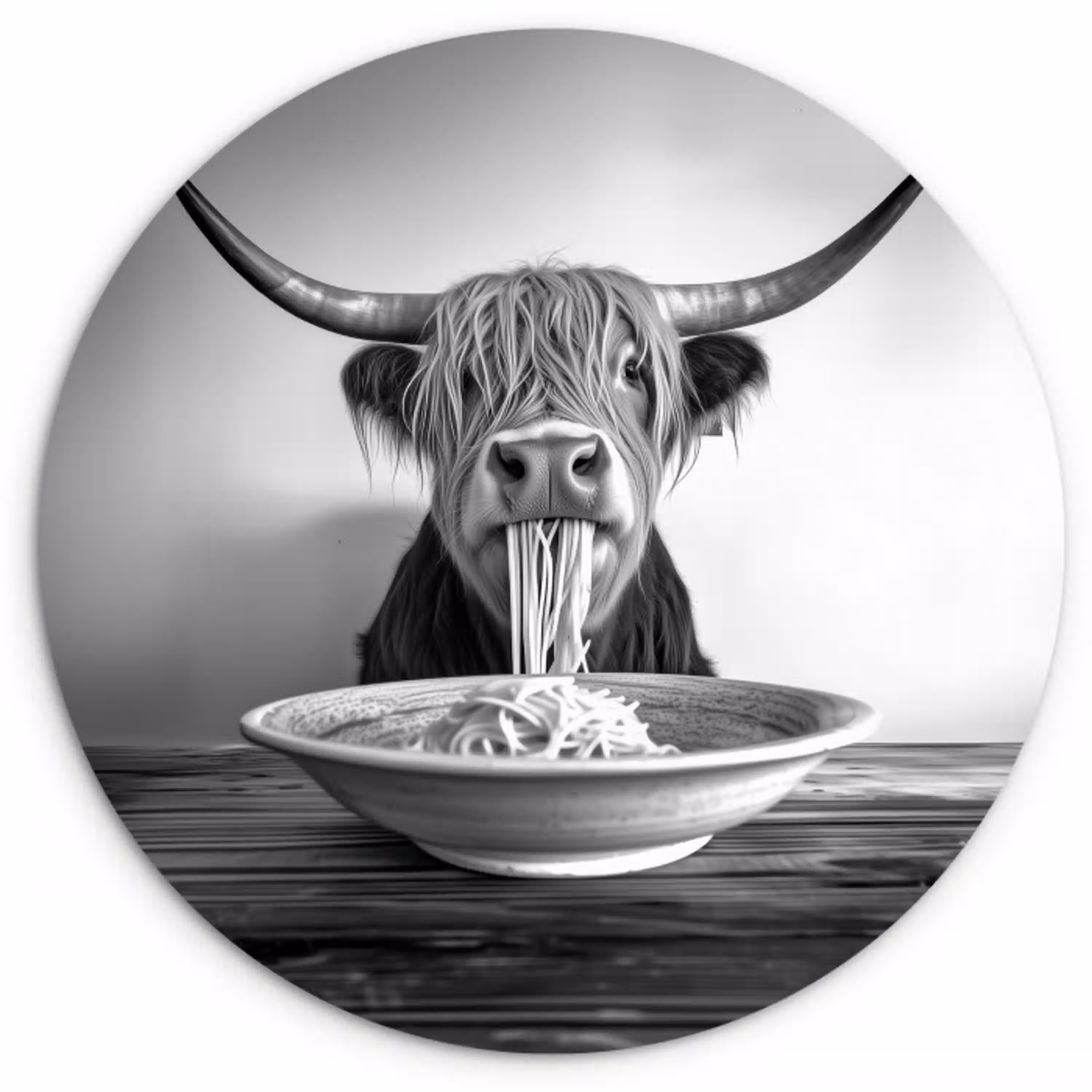 Schotse Hooglander - Spaghetti - Dieren - Zwart wit Wandcirkel kunststof plaat 5mm dik klein -3d