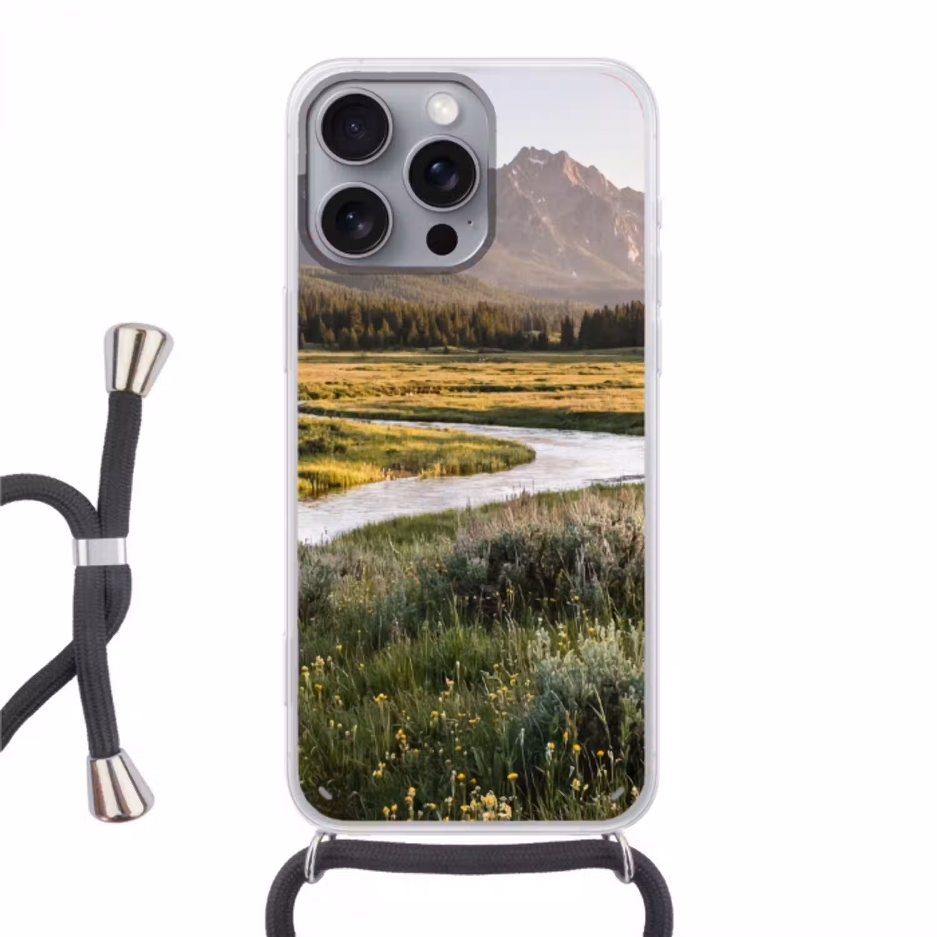 Berglandschap - Rivier - Bos Hoesje iPhone 16 Pro Max met koord klein -3d