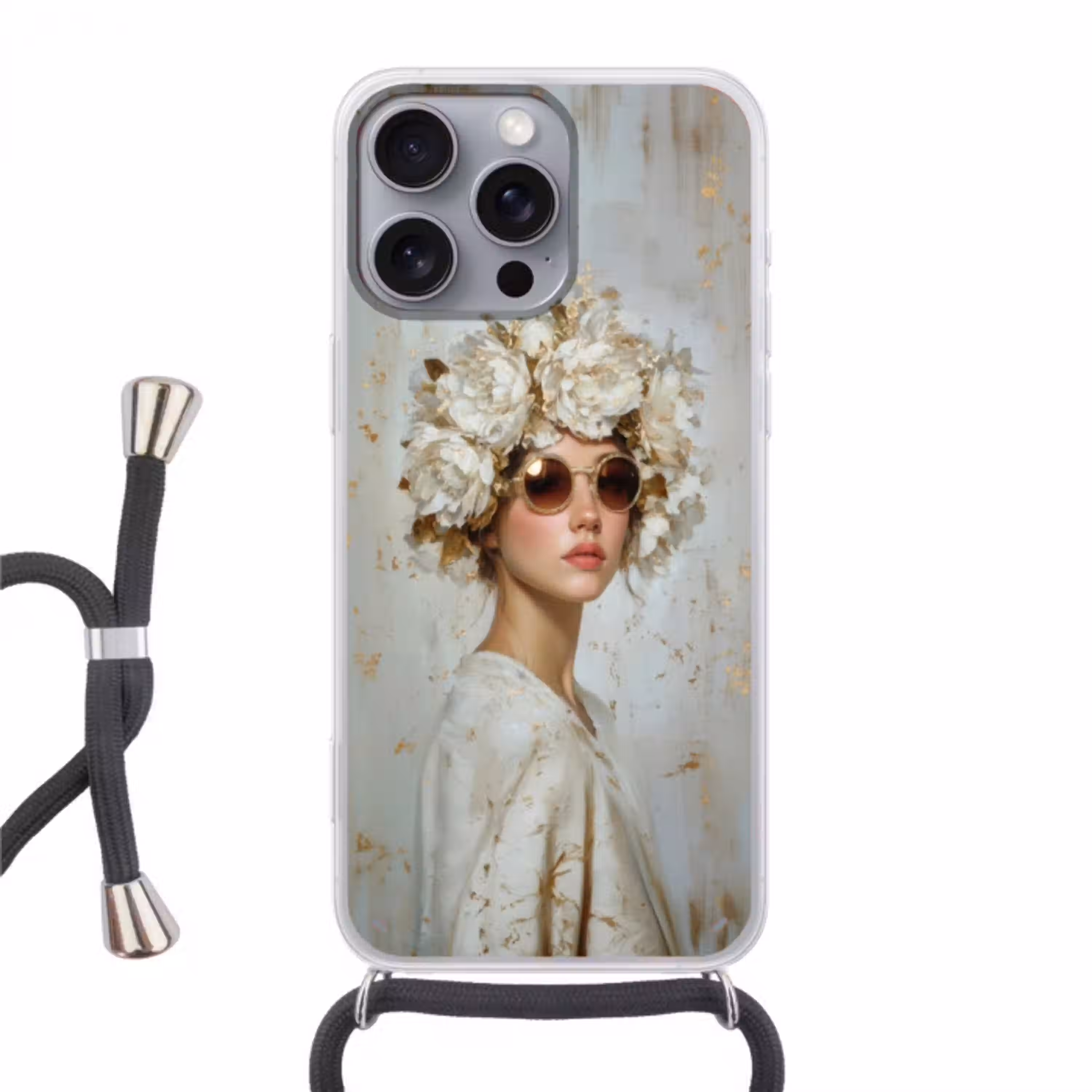 Schilderij - Vrouw - Zonnebril - Bloemenkrans Hoesje iPhone 16 Pro Max met koord klein -3d