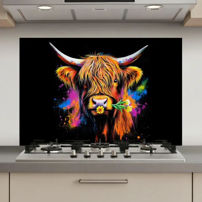 Schotse Hooglander - Graffiti - Kleurrijk - Bloem - Dieren keuken achterwand spatscherm klein -3d_website