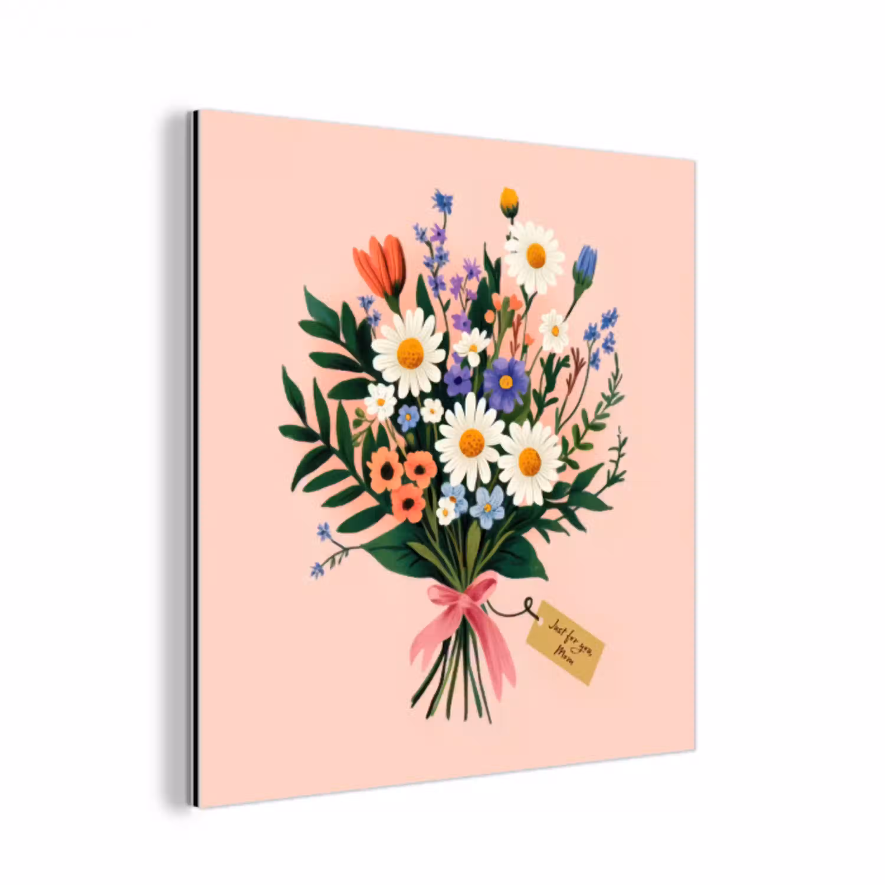 Margrieten - Boeket - Strikje - Roze aluminium wit klein -3d