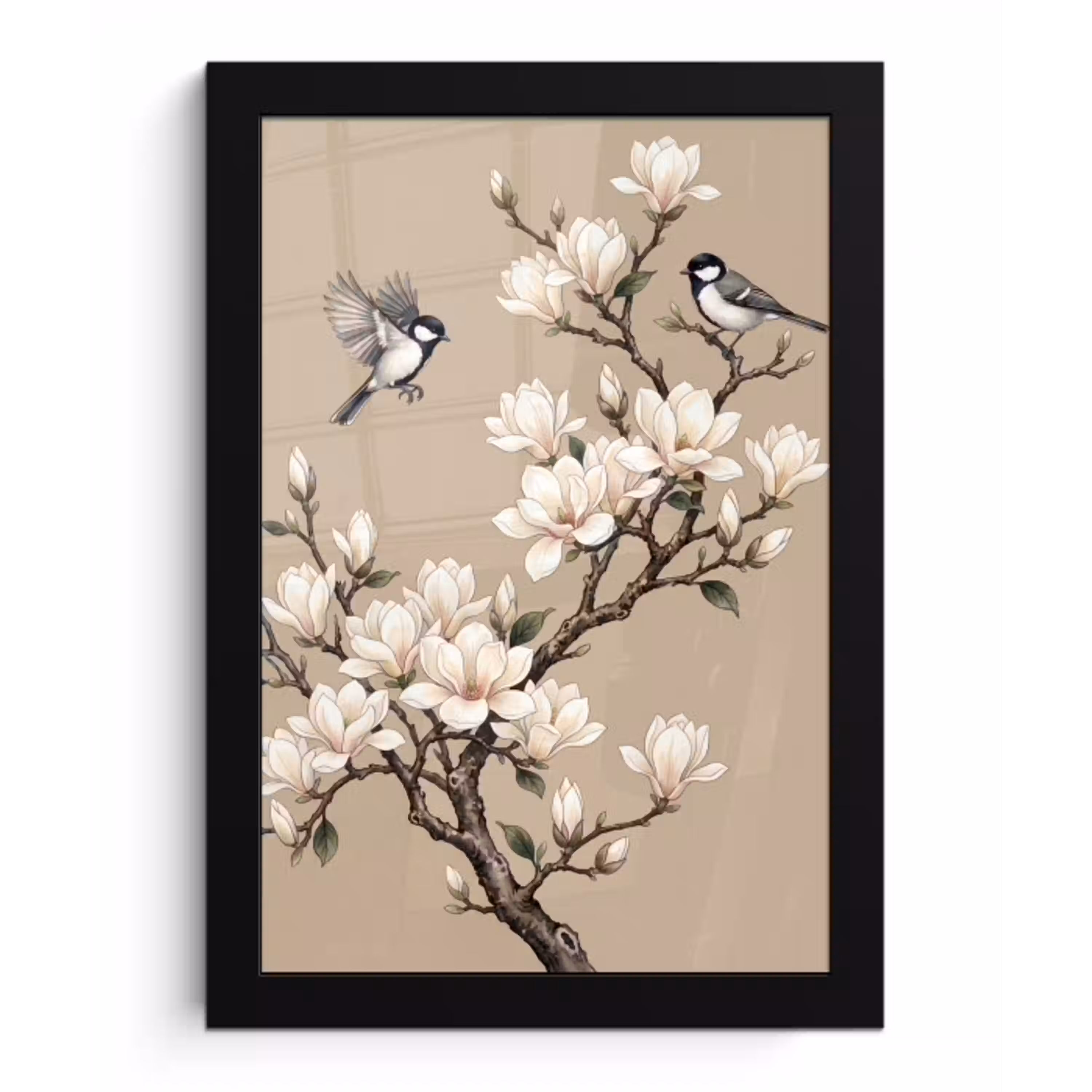 Oosters - Vogels - Beige fotolijst zwart zonder passe partout klein -3d