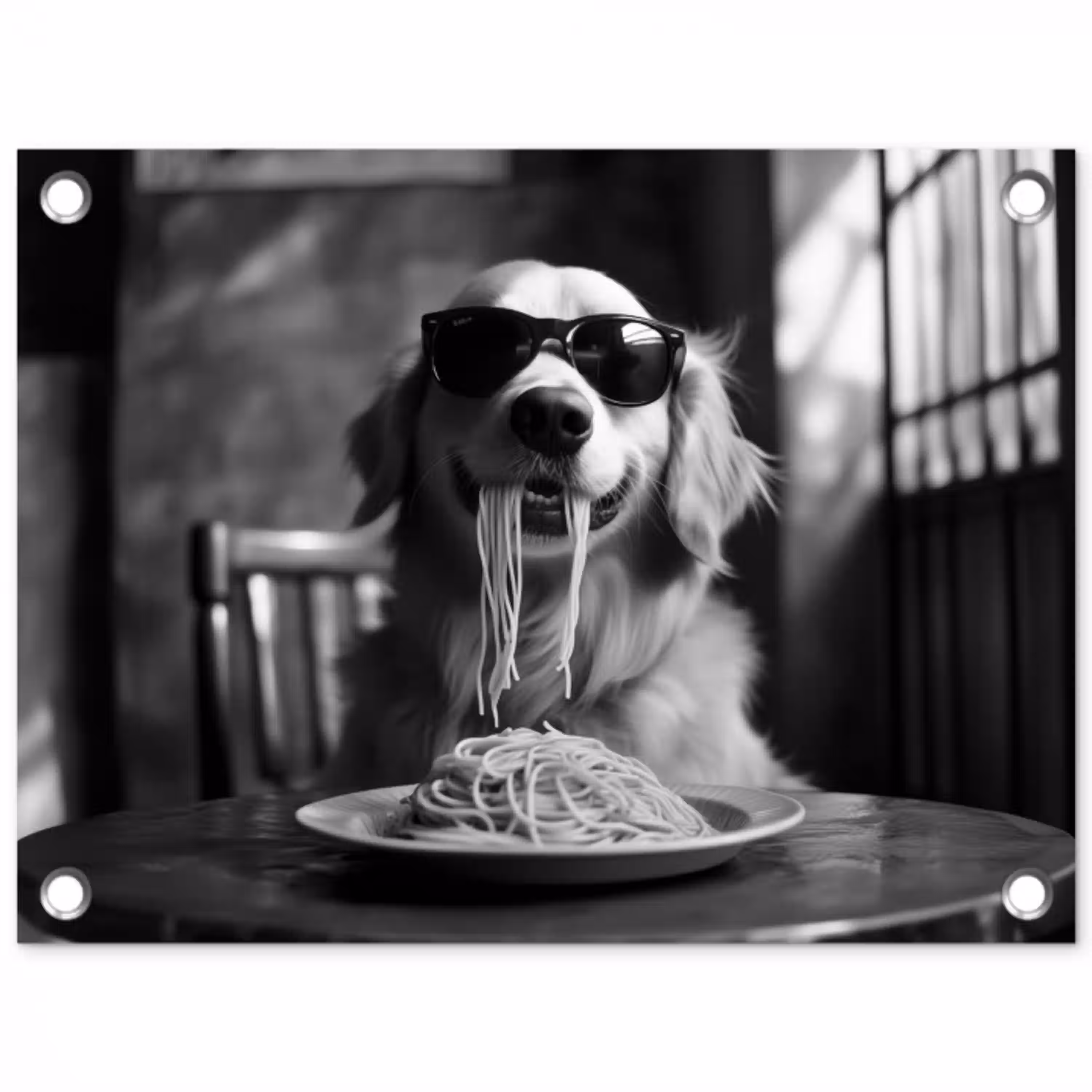 Golden Retriever - Hond - Vrolijk -  Bord spaghetti - Zwart - wit tuinposter los doek klein -3d