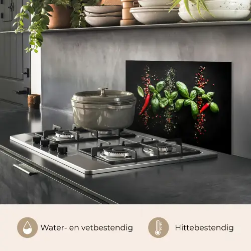 Chilipepers - Basilicum - Blaadjes - Rood keuken achterwand spatscherm klein -usp_NL