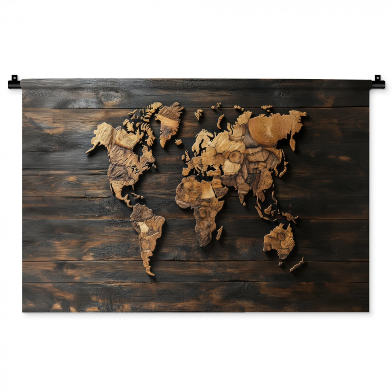 Wereldkaart -  Hout - Mozaïek Wandkleed katoen middel -zz3d