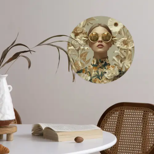 Vrouw - Bloemen - Zonnebril - Wit Wandcirkel behangsticker klein -sfeer3