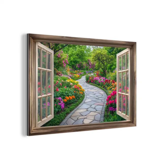 Doorkijk - Bloemen - Tuinpad - Natuur - Raam aluminium wit klein -3d