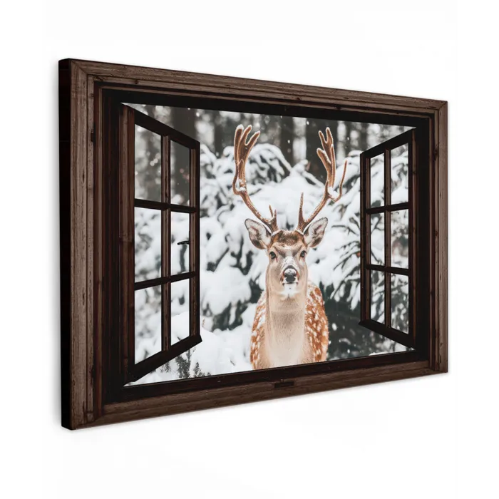 Hert - Sneeuw - Winter - Bos - Dieren - Doorkijk Tuinposter op houten frame 2 cm dik klein -3d