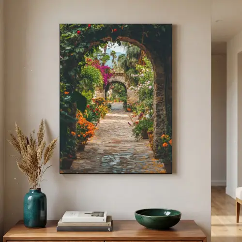 Doorkijk - Bloemen - Poort - Stenen Textielframe - compleet frame klein -sfeer1