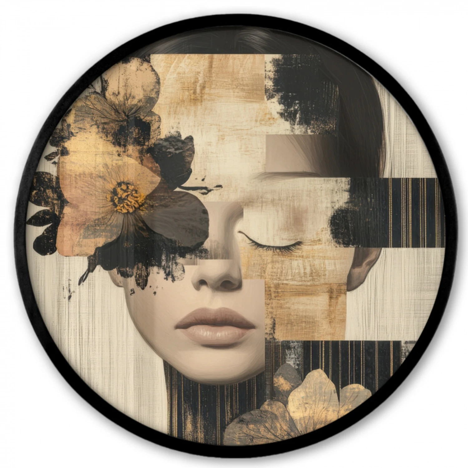 Gezicht - Bloemen - Zwart - Vrouw Fotolijst rond zonder passe partout klein -3d
