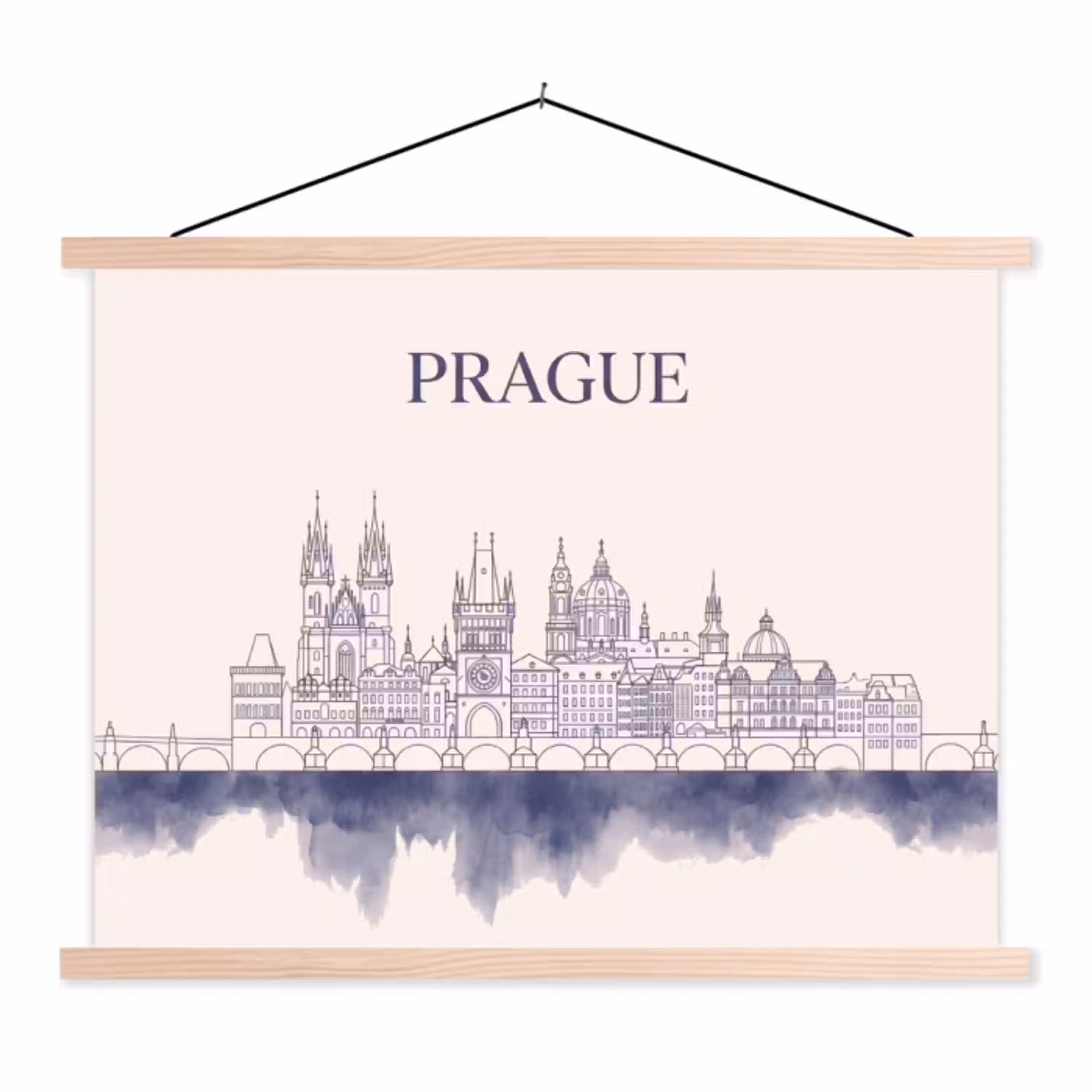 Praag - Skyline - Architectuur - Blauw textielposter latten blank klein -3d