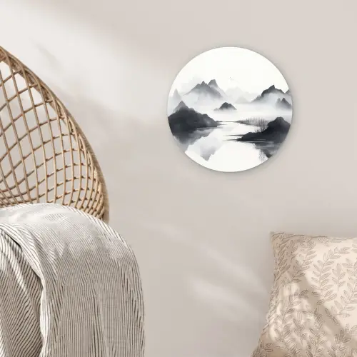 Bergen - Mistig - Water - Wit Wandcirkel plexiglas klein -sfeer5