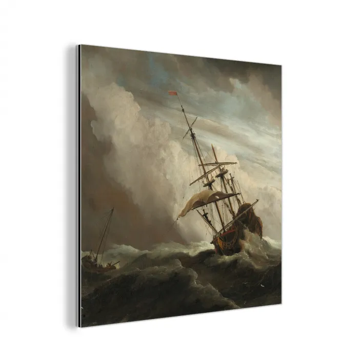 Een schip in volle zee bij vliegende storm - Schilderij van Willem van de Velde aluminium wit klein -3d