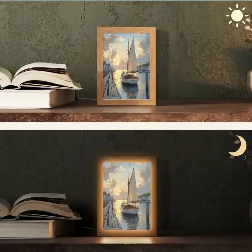 Zeilboot - Zon - Pier - Hout Light Box met kabel (Tafellamp) klein -sfeer3