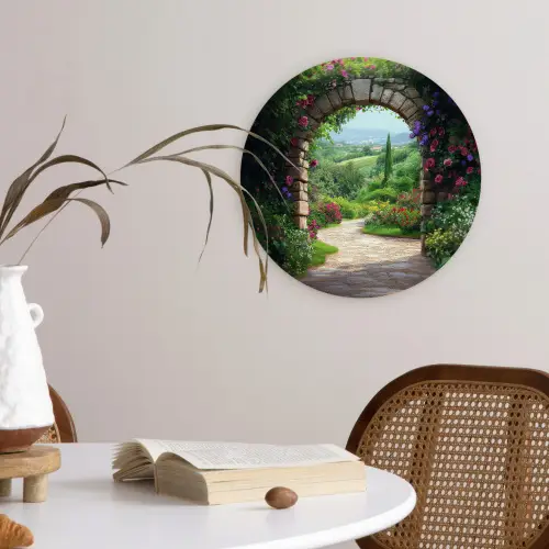 Doorkijk - Landschap - Bloemen - Pad - Uitzicht Wandcirkel plexiglas klein -sfeer4