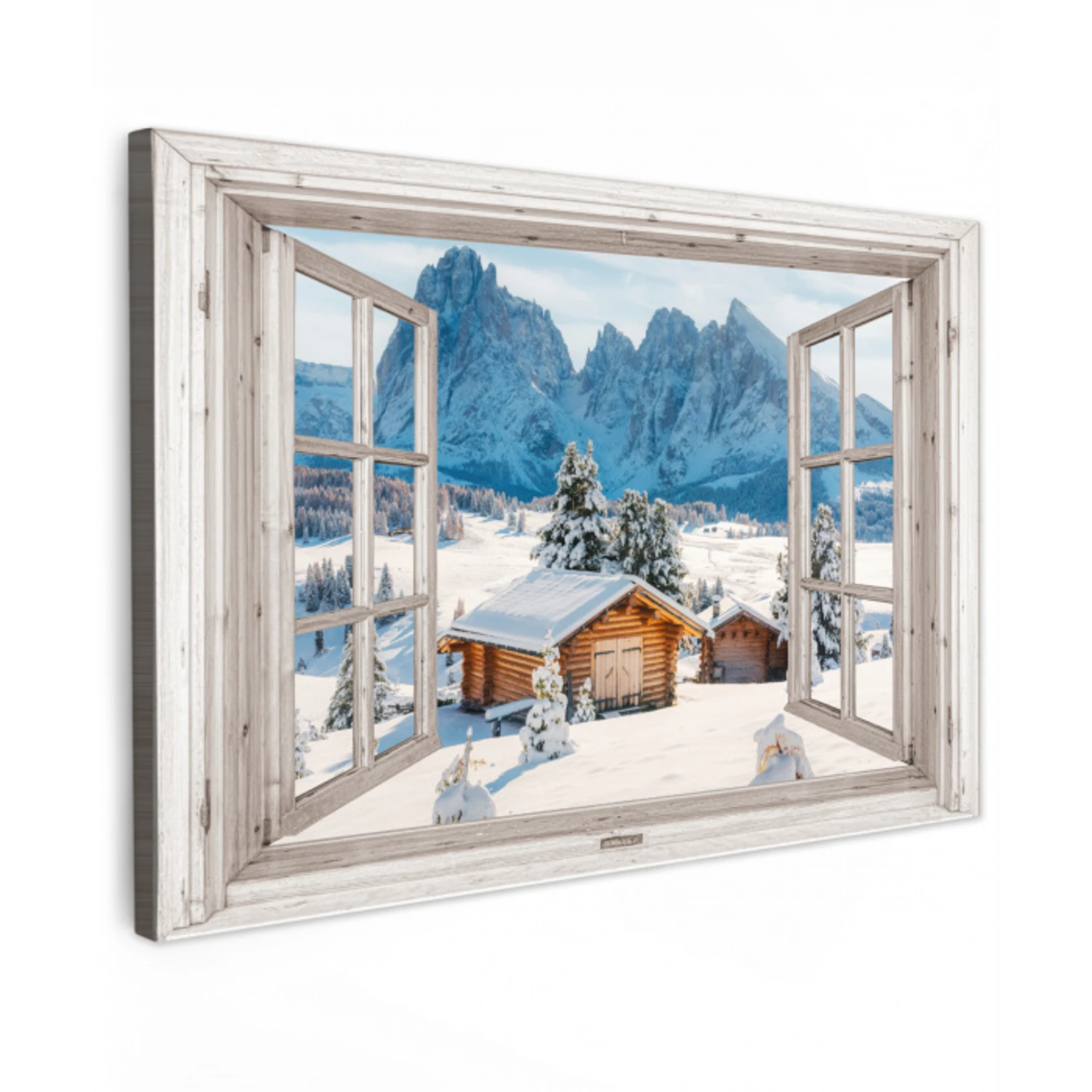 Winterlandschap - Huisje - Bergen - Uitzicht - Doorkijk - Natuur Tuinposter op houten frame 2 cm dik klein -3d