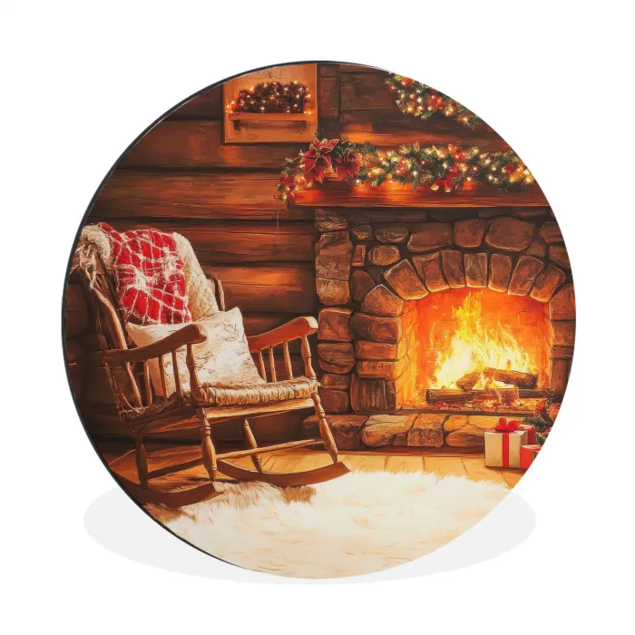 Winter - Kerst - Huis - Openhaard Wandcirkel aluminium klein -3d